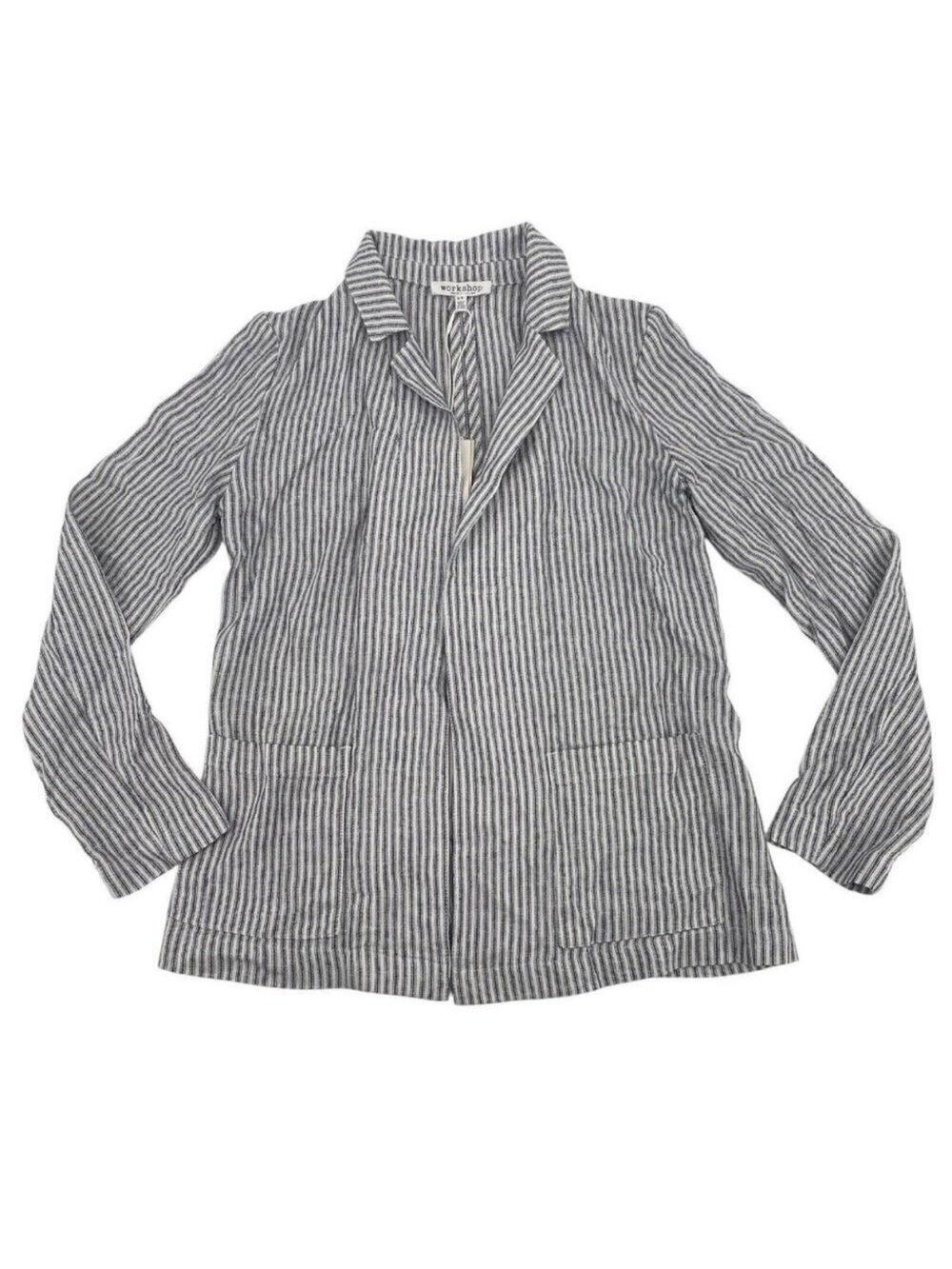 Workshop Size M Open Front Blazer Linen Blend Pencil Stripe coastal nautical